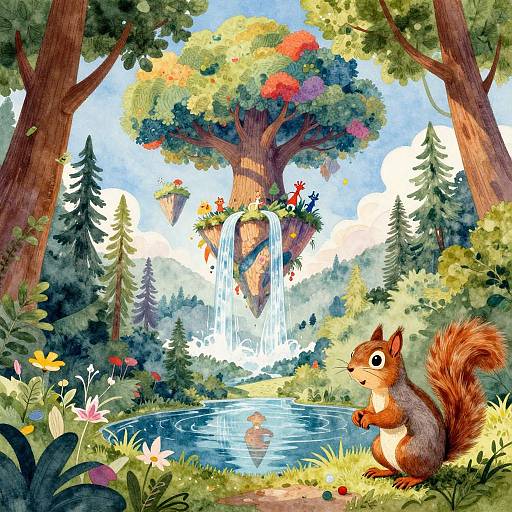 Vibrant digital illustration of a cute red squirrel by a reflective pond, with a colorful waterfall and lush forest background.