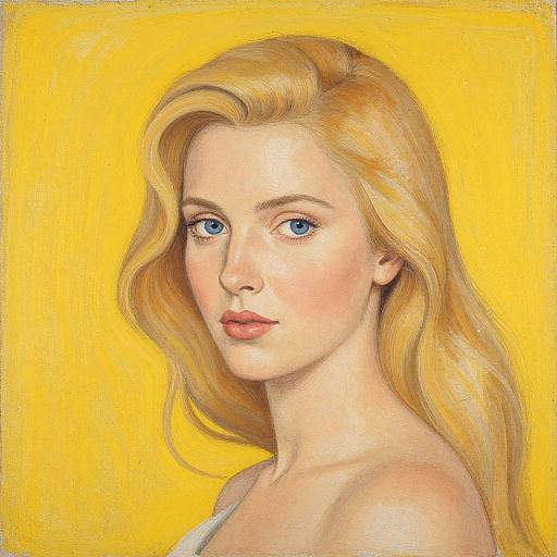 Digital drawing of a blonde woman with blue eyes, fair skin, and wavy hair, set against a bright yellow background.