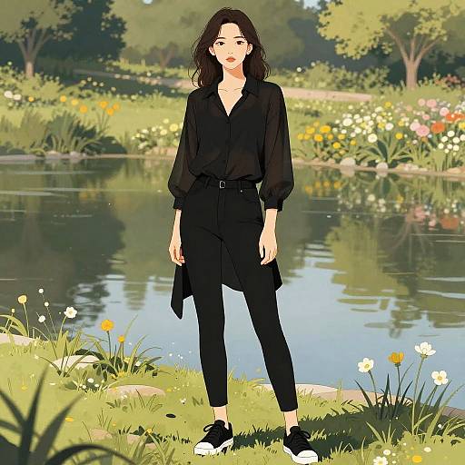 Digital illustration of a young woman with long dark hair, wearing a black blouse and pants, standing by a serene pond surrounded by colorful flowers and lush green