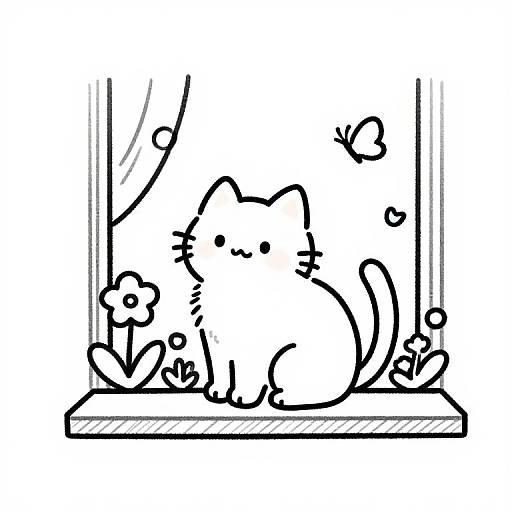 Black-and-white line drawing of a cute, chubby cat sitting by a window, watching a butterfly outside. Cat has a happy expression, whiskers,