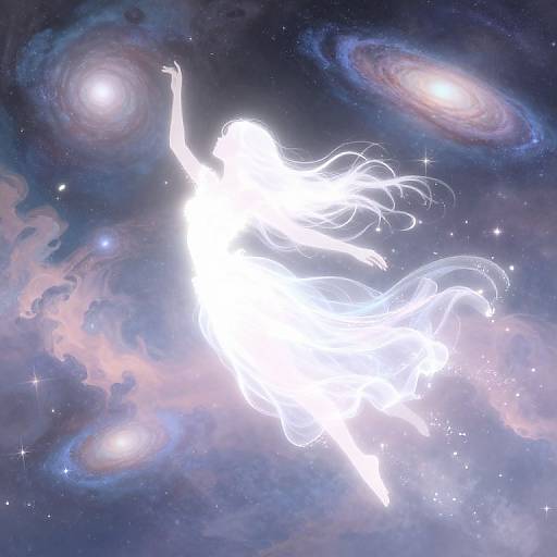Whimsical digital artwork of a glowing, ethereal woman with flowing hair, raising her arm, floating in a cosmic galaxy with swirling nebulae