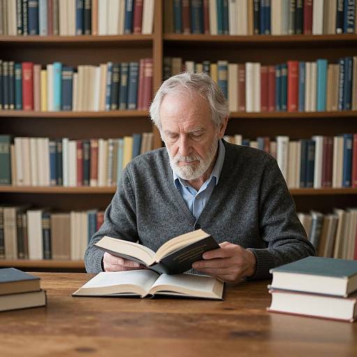 Elderly Man Reading Among Bookshelves