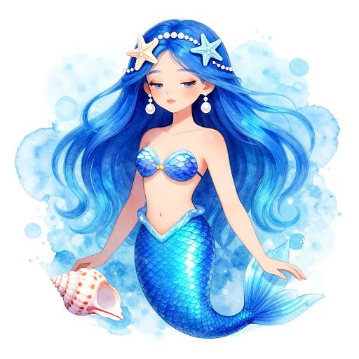 Digital anime-style drawing of a blue-haired mermaid with a star hairpiece, wearing a seashell bikini top, holding a seashell,