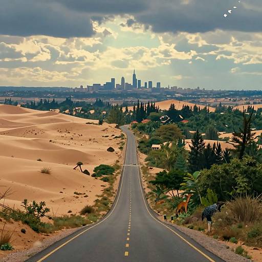 Photograph of a desert road leading to a distant city skyline under a dramatic, cloud-filled sky with golden sunlight.