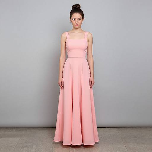 Photograph of a young woman with fair skin and dark hair in an updo, wearing a pink, sleeveless, floor-length gown, standing against
