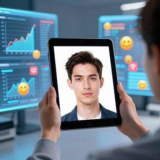 Photograph of a man with dark hair, holding a tablet displaying his face, in a tech-filled room with graphs and smiley emojis.