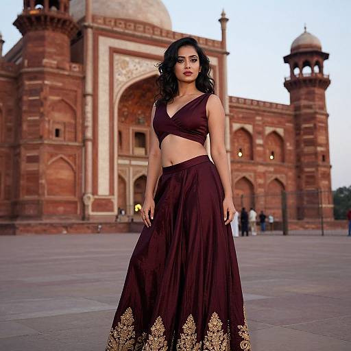 Photograph of a confident Indian woman with dark hair in a maroon crop top and long skirt, standing in front of the Red Fort at dusk.