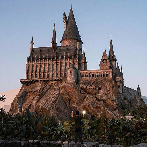 Photograph of Hogwarts Castle from Harry Potter, perched on a rocky hill during twilight, with detailed spires and turrets against a clear blue sky