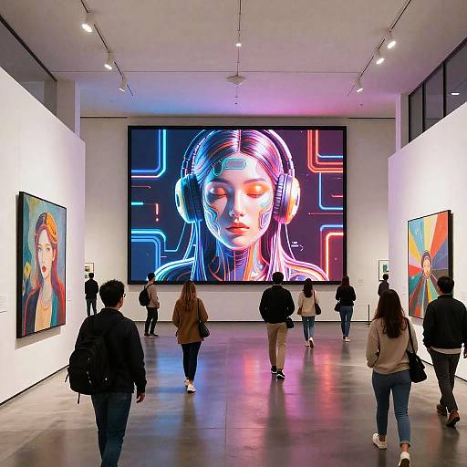 Photograph of a modern art gallery with visitors viewing a large neon-lit portrait of a woman with glowing blue and pink lines on the wall.