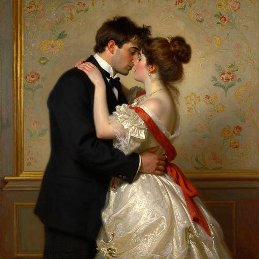 Romantic oil painting of a couple kissing in an elegant, floral-patterned room. The man in a black tuxedo and the woman in a