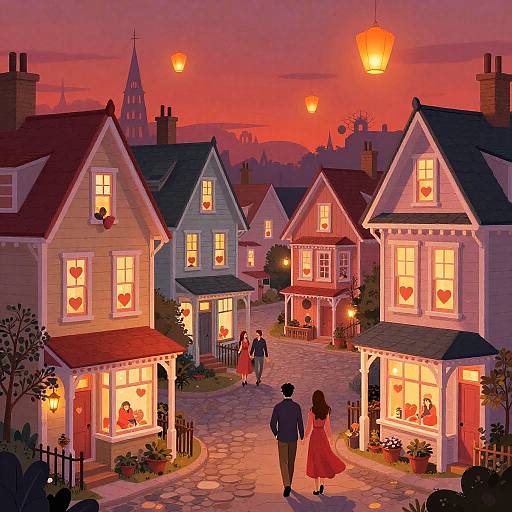 Digital painting of a cozy, heart-themed village at sunset. Colorful houses with glowing windows, paper lanterns, and a couple walking hand-in-hand