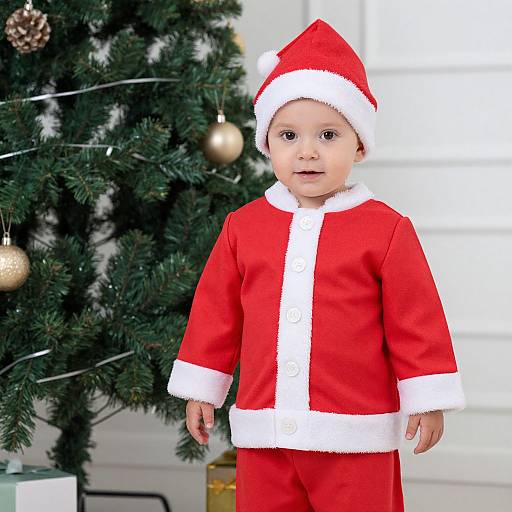 Photograph of a cute toddler with light skin wearing a red Santa outfit and hat, standing in front of a decorated Christmas tree.