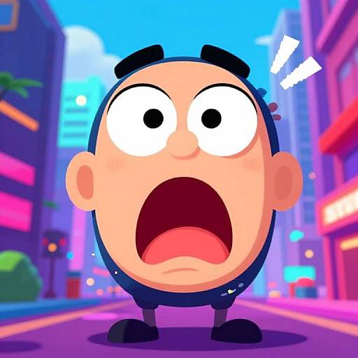 Cartoon-style digital drawing of a round-faced character with wide eyes, open mouth, and black eyebrows, standing in a vibrant, neon-lit city