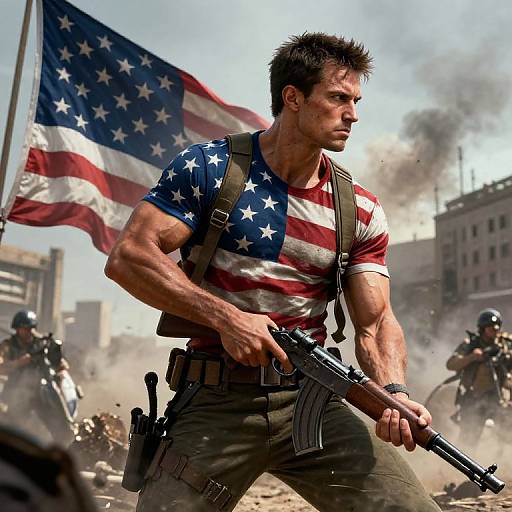 Photograph-style digital art: Muscular man in star-spangled shirt, holding rifle, leading soldiers amidst urban warfare, American flag waving behind.