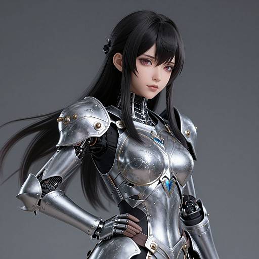 Digital CGI of a beautiful, pale-skinned, black-haired woman in shiny, silver armor with blue gem accents, standing confidently against a gray background.