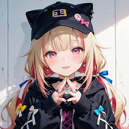 Anime Girl in Cat Ear Cap and Black Hoodie
