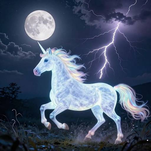 Digital artwork of a glowing white unicorn with a luminous mane and tail, standing amidst a dark, stormy night with a full moon and lightning bolts