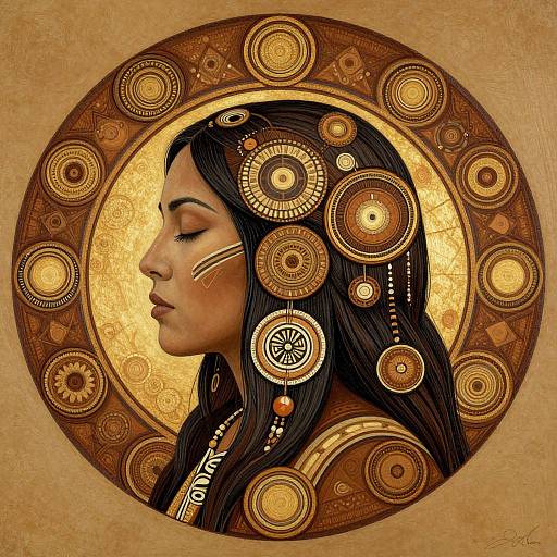 Digital artwork of a serene, brown-skinned woman with long black hair, adorned with intricate golden and brown circular patterns, in profile view, against a