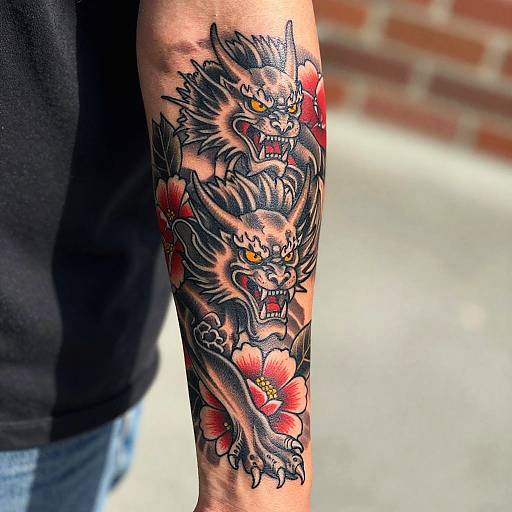 Red and Black Mythical Forearm Tattoos