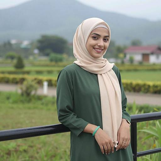 Photograph of a smiling young woman with light brown skin, wearing a green dress and white hijab, standing outdoors by a black railing, with green