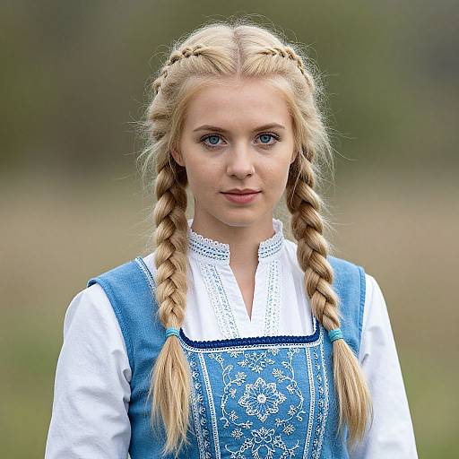 Photograph of a blonde woman with braided hair wearing a blue embroidered dress over a white lace blouse, standing outdoors.