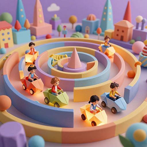 Photograph of colorful, 3D toy maze with five Black children with puffy hair, riding small cars, amidst pastel buildings and trees.