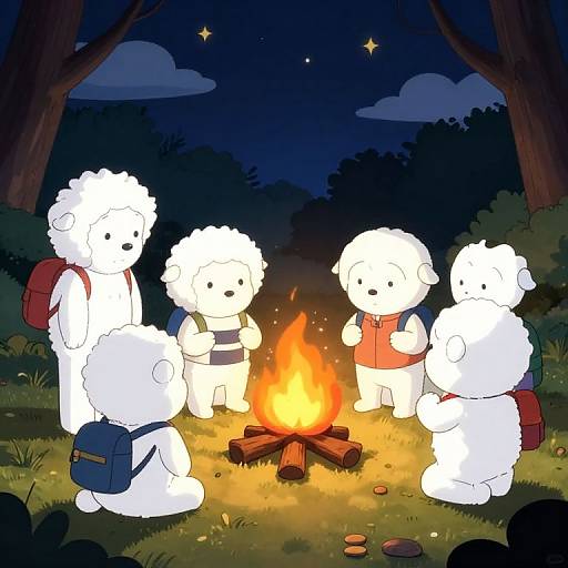 Digital drawing of five white, fluffy, cartoon dogs with backpacks, sitting around a campfire at night in a forest.