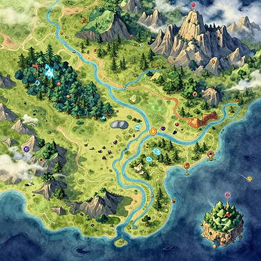 Colorful digital map of a fantasy game, featuring winding rivers, lush green forests, towering mountains, and islands with blue waters. Icon markers and glowing