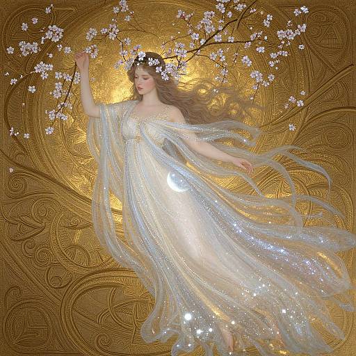 Ethereal digital art: Fair-skinned woman with flowing brown hair, wearing a sparkling silver gown, holding cherry blossom branch, golden ornate background