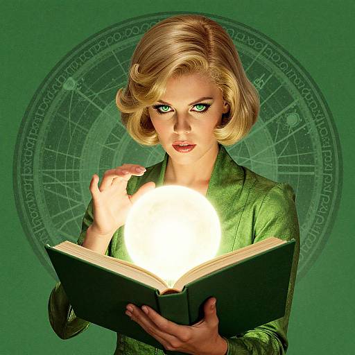 Digital artwork of a blonde woman with green eyes, wearing a green jacket, reading a glowing book against a green, mystical background.