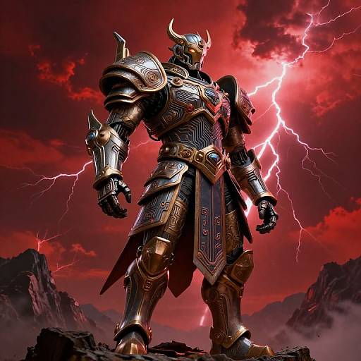 Digital art of a towering, armored warrior with horns, glowing red eyes, and detailed gold armor, standing amidst a red sky with lightning bolts, on