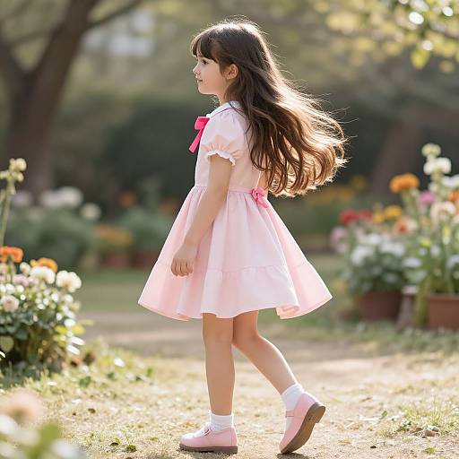 Photograph of a young girl with long brown hair in a pink dress and pink shoes, walking in a sunlit garden.