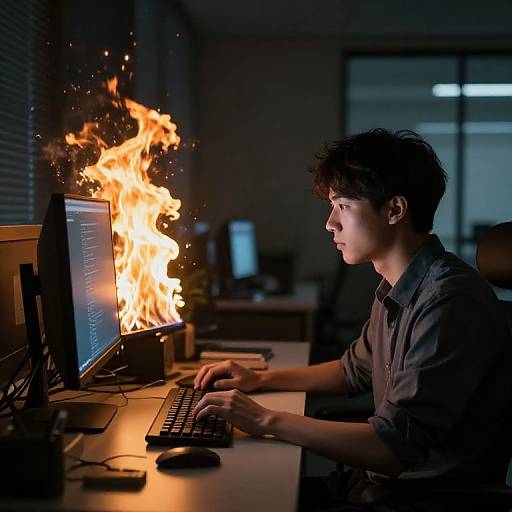 Photograph of a young man with dark hair, wearing a gray shirt, typing on a computer as flames erupt from the screen. Dimly lit office