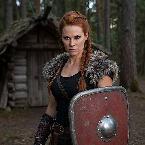 Photograph of a fierce red-haired woman with braided hair, wearing a fur-collared black top, leather gauntlets, and holding a