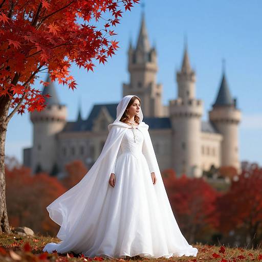 Photograph of a woman in a white wedding gown and veil standing before a castle, surrounded by vibrant red autumn leaves.