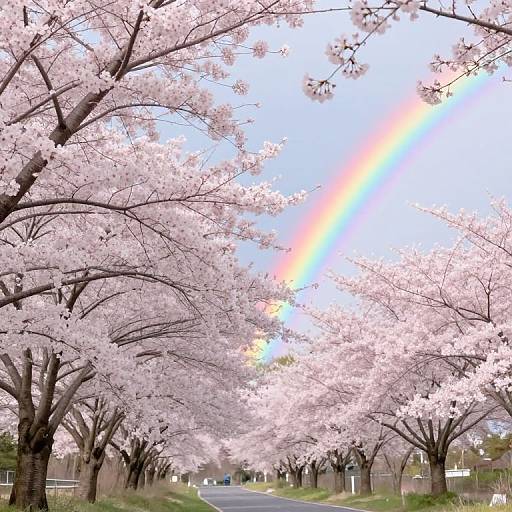 Photograph of a serene street lined with blooming cherry blossom trees, their pink flowers creating a canopy over the road. Bright sunlight filters through the branches