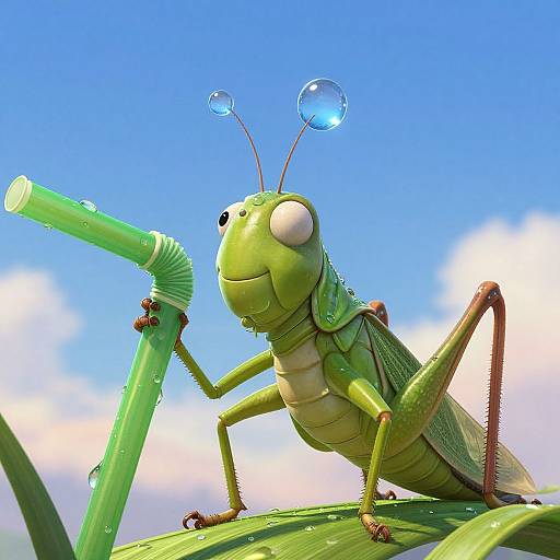 CGI cartoon green grasshopper with large eyes and water droplets on antennae, gripping a green reed against a bright blue sky with clouds