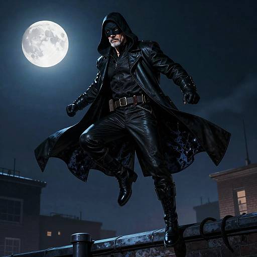 Moonlit Masked Vigilante Leaping Rooftops