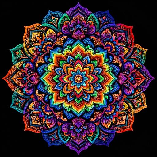 Bright, vivid, colorful mandala with intricate, neon-like patterns in orange, blue, green, purple, and red on a black background. Digital