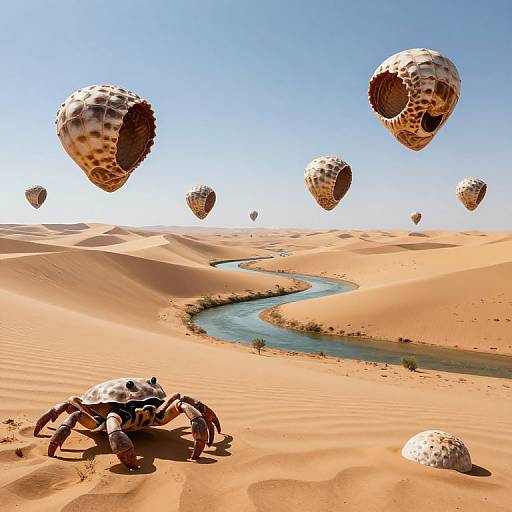 Photorealistic CGI of a desert landscape with a winding river, six floating, spotted egg-shaped balloons, and a large, eight-legged robot in the