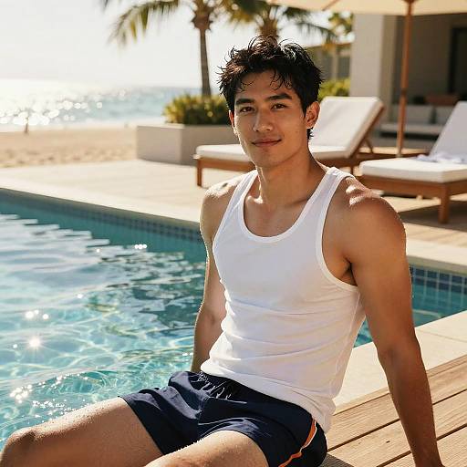 Photograph of an Asian man with short black hair, wearing a white tank top and black swim trunks, sitting by a sunny pool with palm trees