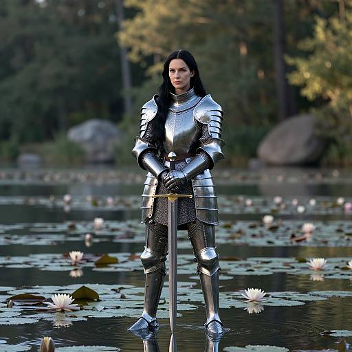 Photorealistic image of a stern-faced woman in silver armor standing in a serene lake, holding a sword, surrounded by lily pads and white water