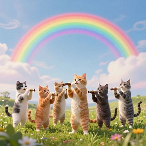 Photorealistic CGI of six kittens standing on grass, holding twigs, and watching a vibrant rainbow in a bright blue sky.