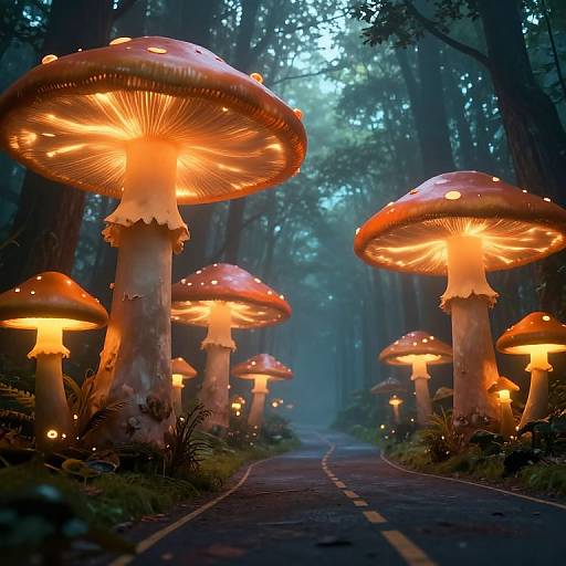 Fantastical forest scene with glowing, giant orange-red mushrooms lining a misty, winding path, illuminated by soft, magical forest light. CGI artwork