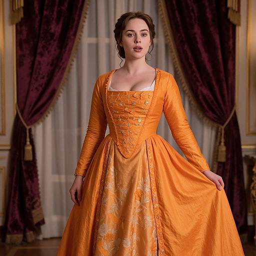 Photograph of a young woman with fair skin and dark hair in an elaborate, long-sleeved, bright orange 18th-century-style gown,