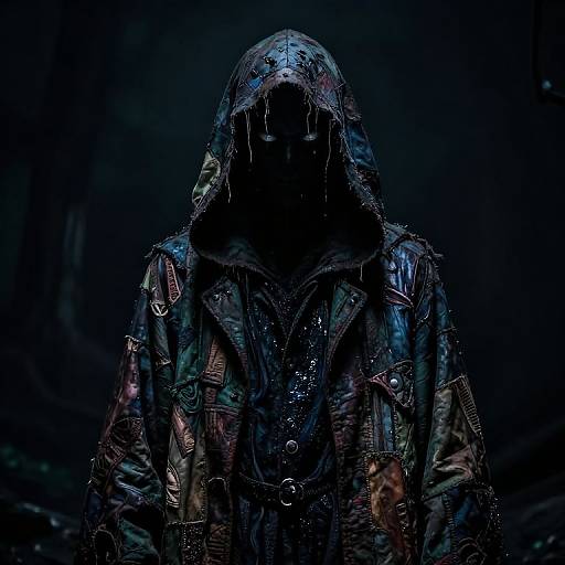 Dark, moody photograph of a hooded figure in a wet, metallic jacket, with raindrops on the hood, set against a black background.