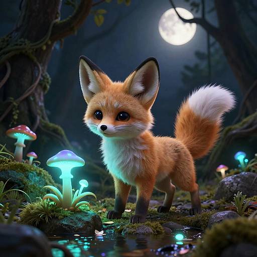 Moonlit Fennec Pup in Bioluminescent Grove