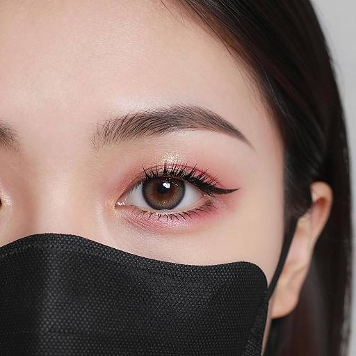 Close-up of woman's eye with glitter eyeshadow and black mask