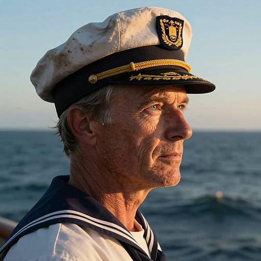 Photograph of a weathered middle-aged white man in a dirty white naval captain's hat and sailor shirt, gazing at the ocean at sunset.