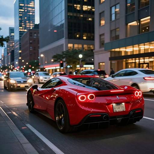 Glossy Red Sports Car in Urban Dusk